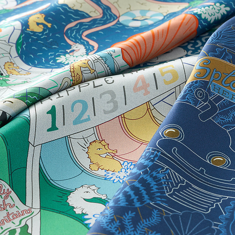 シルク100%【HERMES】Splash Park ダブルフェイス スカーフ90 Splash Park double face scarf 90 | Hermès Canada